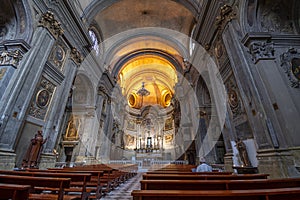 Wide angle interior view of the baroque Saint Francois de Paule Church in the Cours Saleya area of Old Town Nice France