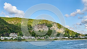 Wide Angle Landscape of the Rhine River with Village and Steep Slopes