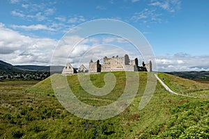 Wide angle landscape with ruins of medieval Ruthven Barracks in Cairngorms National Park near the Kingussie city