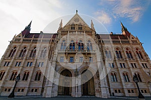 Wide angle landscape view of building of Parliament in Budapest. It is one of europe`s oldest legislative buildings