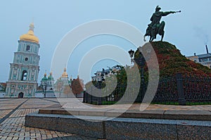 Wide angle landscape view of famous Sofia Square in Kyiv. Monument to hetman Bohdan Khmelnitsky and ancient Saint Sophia Cathedral