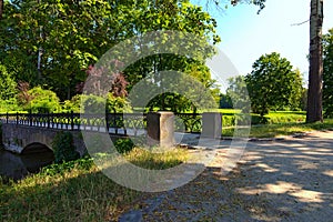 Wide-angle landscape view of nature landscape of picturesque Arboretum Oleksandriya in Bila Tserkva.