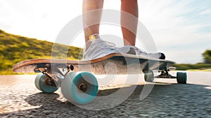 Wide angle longboard in motion at sunny day on the asphalt road. Close up of a spinning wheel.