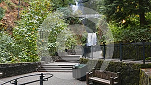 Wide angle of the lower section of multnomah falls in portland