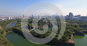 Wide Angle Osaka Castle Aerial Shot Moving Attraction