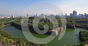 Wide Angle Osaka Castle Aerial Shot panning