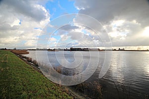 Wide angle overview of on river Hollandse IJssel at Moordrecht, the Netherlands