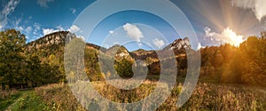 Wide angle panorama of autumnal mountain landscape