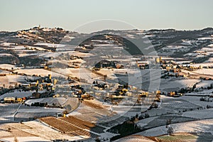 Wide angle panorama of Langhe hills in winter, unesco heritage