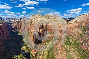 Wide angle panorama view of Zion Canyon, with the virgin river, Angels Landing Trail, Zion National Park, Utah, USA