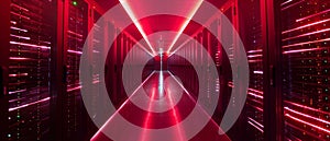 A wide-angle panoramic shot of a working data center with rows of rack servers. Red emergency lights are blinking and