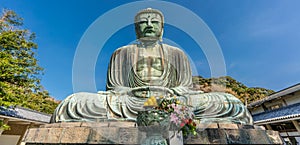 Wide angle panoramic view of The Great Buddha (Daibutsu) of Kamakura, Japan