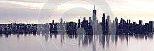 Wide angle panoramic view of lower Manhattan area of New York City during sunrise or sunset. Low poly model city