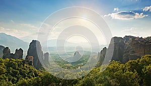 Wide angle panoramic view of Meteora mountains