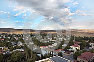 Wide angle panoramic view to Shemakhy city, Azerbaijan . View from above Shamakhi region . Clear view of the houses
