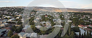 Wide angle panoramic view to Shemakhy city, Azerbaijan . View from above Shamakhi region . Clear view of the houses