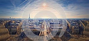 Wide angle Paris cityscape panorama with view to the Eiffel Tower, France. Beautiful parisian architecture with historic buildings