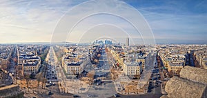 Wide angle Paris cityscape with view to La Defense metropolitan district, France. Beautiful parisian architecture with historic