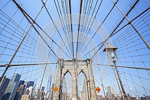 Wide angle photo of the Brooklyn Bridge, NYC, USA