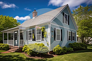 wide-angle photo of a cape cod house with a side gable roof