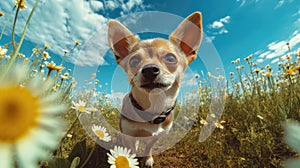 Wide Angle Portrait of Chihuahua Dog in Field of Flowers extreme closeup. Generative AI