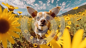 Wide Angle Portrait of Chihuahua Dog in Field of Flowers extreme closeup. Generative AI