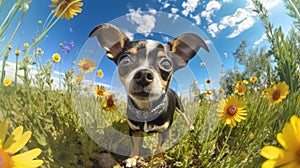Wide Angle Portrait of Chihuahua Dog in Field of Flowers extreme closeup. Generative AI