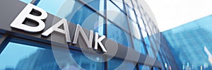 Wide angle rendering of modern bank sign, glass office building. Shallow depth of field. 3D render.