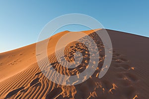 Wide angle shoot of footpath in desert dunes of Erg Chigaga.The gates of the Sahara, at sunrise. Morocco. Concept of travel and