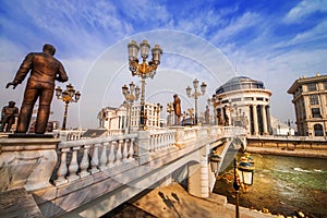 A wide angle shot of the art bridge in Skopje in the early morning light