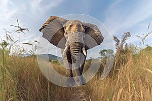 wide-angle shot of a charging bull elephant in open grassland