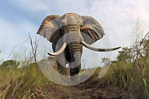 wide-angle shot of a charging bull elephant in open grassland