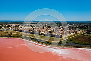 Wide angle shot of the city of Camarque in France in front of salt lakes