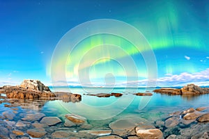 wide-angle shot of a dazzling aurora over an uninhabited coast