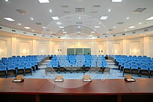 Wide angle shot of empty conference room