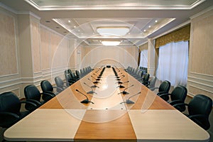 Wide angle shot of empty meeting conference room