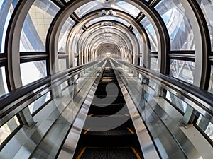 Wide angle shot of escalator in Sky Building