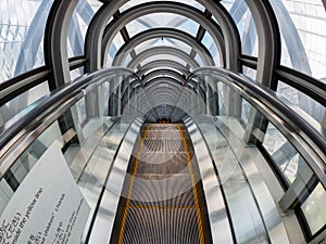 Wide angle shot of escalator in Sky Building