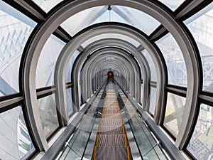 Wide angle shot of escalator in Sky Building