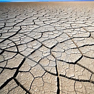 An wide angle shot of an expanse of cracked parched earth from a low blue sky and horizon in the distance