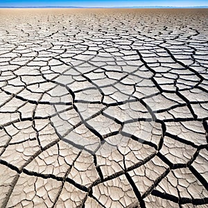 An wide angle shot of an expanse of cracked parched earth from a low blue sky and horizon in the distance