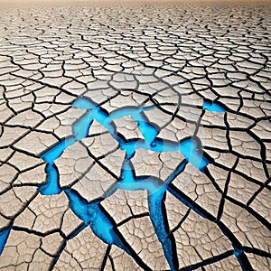 An wide angle shot of an expanse of cracked parched earth from a low blue sky and horizon in the distance