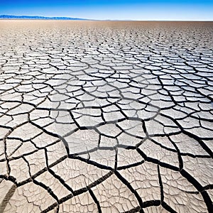 An wide angle shot of an expanse of cracked parched earth from a low blue sky and horizon in the distance