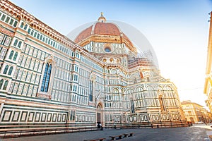 Wide-angle shot of famous cathedral Santa Maria del Fiore on Duomo square of Florence