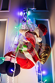 Wide angle shot of Father Christams giving presents