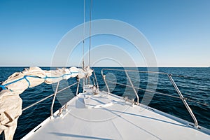 Wide angle shot of front of the yacht in summer time