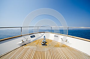 Wide angle shot of front of the yacht in summer time