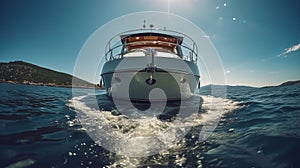 Wide angle shot of front of the yacht in summer time. Generative AI