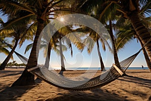 wide-angle shot of a hammock hung between two palm trees