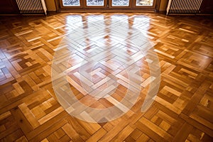 wide-angle shot of a honey-toned oak parquet floor